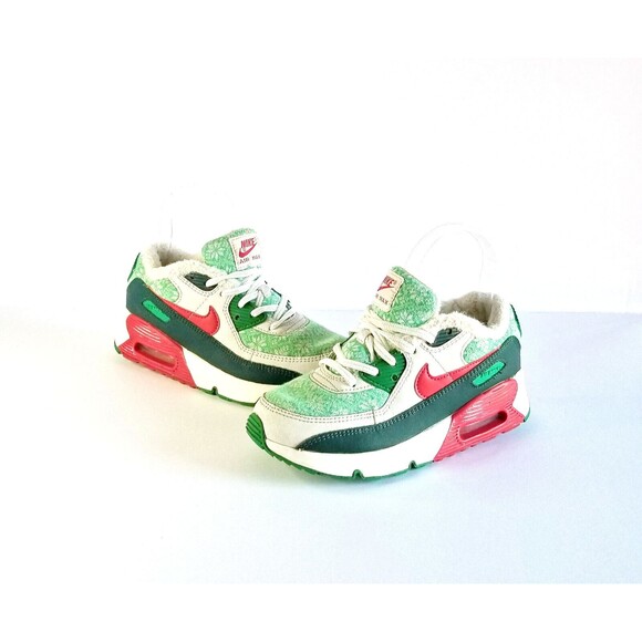 NIKE Air Max 90 Kids Christmas Sweater Sneakers Sz 2.5 Green Red White Leather
